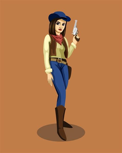 A Cute Cowgirl Standing Smiling And Holding A Gun 2174145 Vector Art