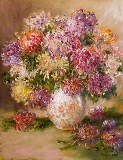 Chrysanthemums In A Porcelain Vase Painting Oil On Canvas Still Life In