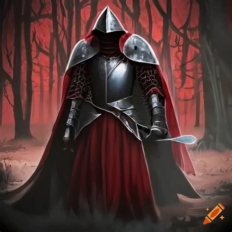 Image Of A Knight In Black Armor And Red Cloak In A Dark Forest On Craiyon