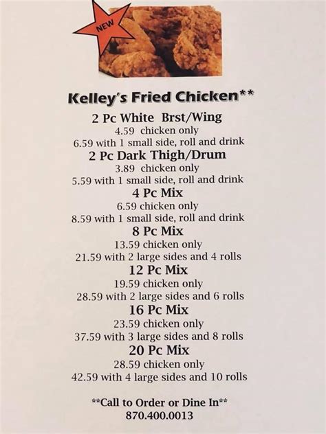 Menu At Kelleys Kickin Chicken Restaurant West Memphis