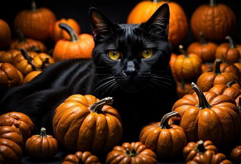 Premium Photo Halloween Etude With Black Cat And Pumpkins