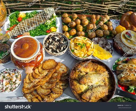 Traditional Ukrainian Food In Assortment In Festive Decorating Stock