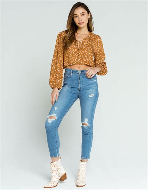 Full Tilt Tie Front Womens Mustard Peasant Top Mustard Tillys