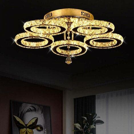 Lustre en cristal plafonnier encastré 5 anneaux Chrome moderne 50W Led