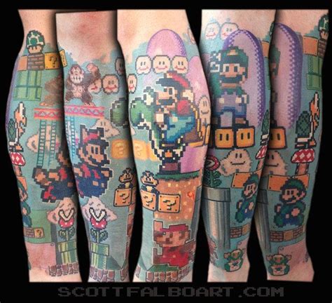 Insanely Intricate Leg Sleeve Tattoos Mario Tattoo Pixel Tattoo