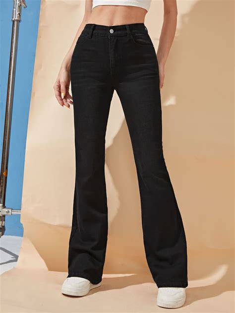 Black Denim Plain Bootcut Embellished Medium Stretch Women Denim Flare