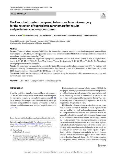 The Flex Robotic System Compared To Transoral Laser Microsurgery For The Resection Of