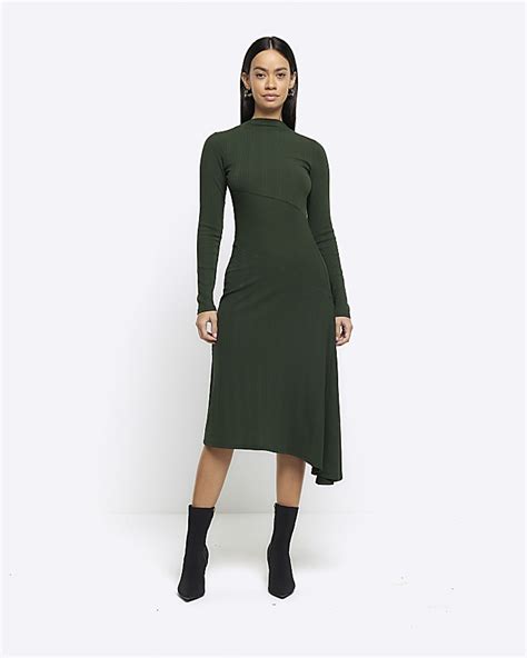 Green Rib Asymmetric Bodycon Midi Dress River Island