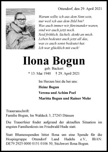 Traueranzeigen Von Ilona Bogun Nordwest Trauer De