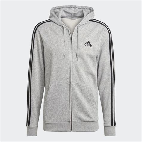 Adidas Essentials French Terry 3 Stripes Full Zip Hoodie Grey