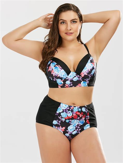 2018 Plus Size Floral Underwire High Waist Bikini Set BLACK XL In