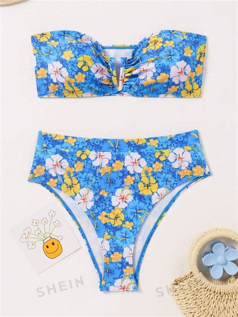 SHEIN Swim Vcay Floral Print Bandeau Bikini Set With Separate Swimwear