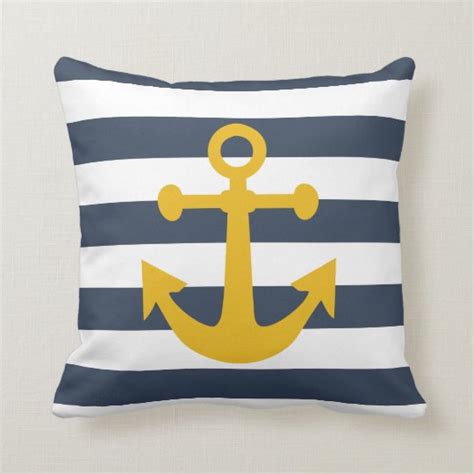 Nautical Navy Blue Stripes Mustard Yellow Anchor Throw Pillow