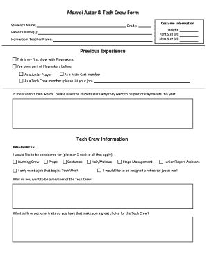 Fillable Online Marvel Actor Tech Crew Form Fax Email Print PdfFiller