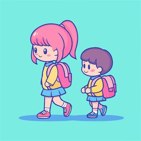 Ilustraci N De Dibujos Animados De Una Ni A Y Un Ni O Caminando Con