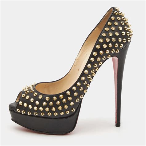 Christian Louboutin Black Leather Lady Peep Spike Pumps Size 40 Christian Louboutin The Luxury