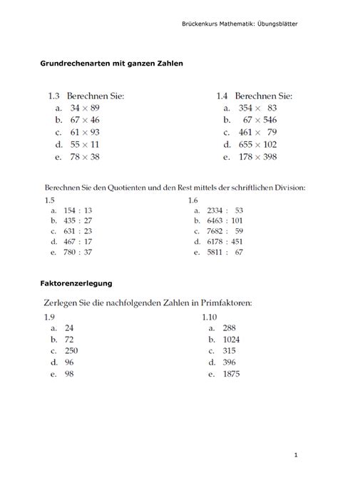 Bungsbl Tter Mathematik Vorkurs Grundrechenarten Mit Ganzen Zahlen