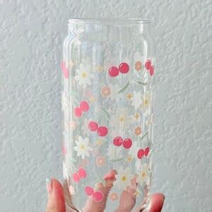 20oz Cherry Beer Can Glass Daisy Floral Iced Coffee Glass Etsy