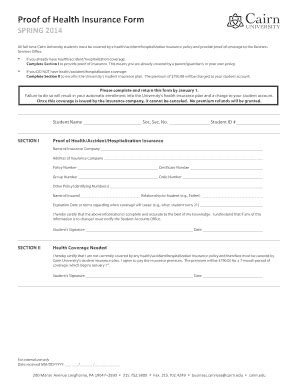 Fillable Online Cf Cairn Proof Of Health Insurance Form Fax Email Print