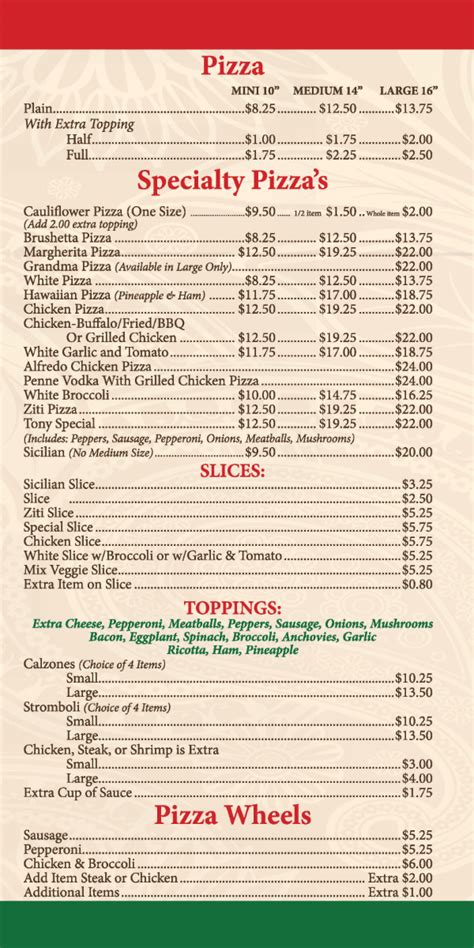 Menu - Tony's Pizzeria & Restaurant