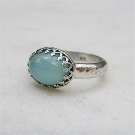 Aqua Chalcedony Sterling Silver Ring Oval Gemstone Thick Etsy Blue