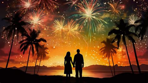 Una Pareja Encantadora Silueta Contra Fuegos Artificiales Nocturnos