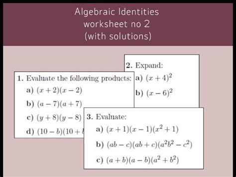 Algebraic Identities worksheet no 2 (with solutions) | Teaching Resources