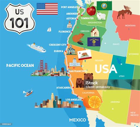 Usa Map Highway 101 Us Route Map Poster Stock Illustration - Download ...