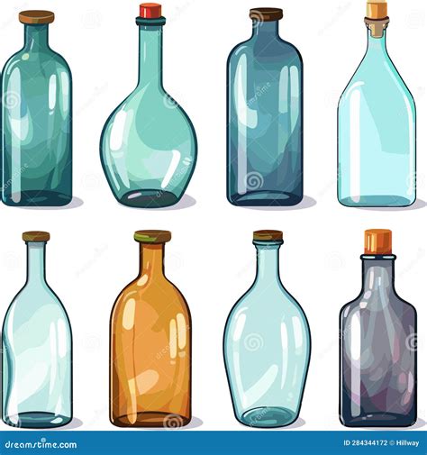 Set of Glass Bottles of Various Shapes and Colors Isolated on White ...