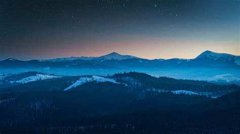 mountains, aerial view, starry sky, night, landscape, 4k HD Wallpaper