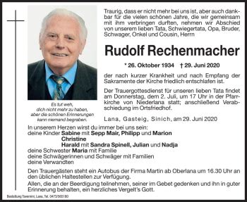 Traueranzeigen Von Rudolf Rechenmacher Trauer Bz