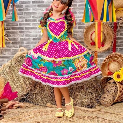 Vestido Caipira Infantil Estampa Floral E Rosa Festa Junina