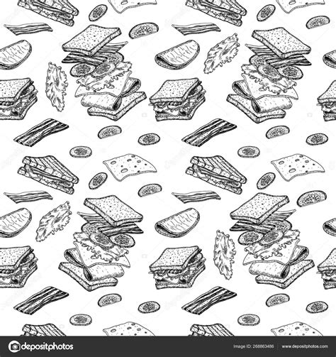 Sandwich Seamless Pattern Sketch Sandwich Food Seamless Pattern Flying