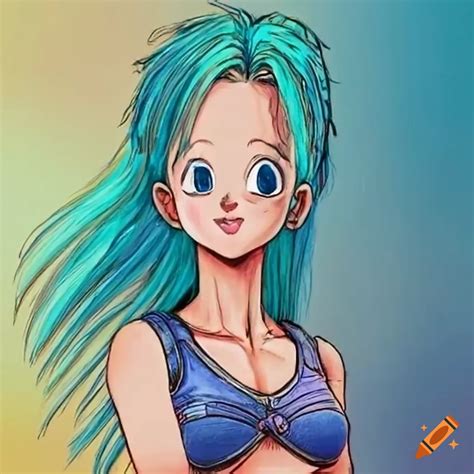 Bulma Briefs With Turquoise Hair Laying In Bed Wearing Denim Vest And