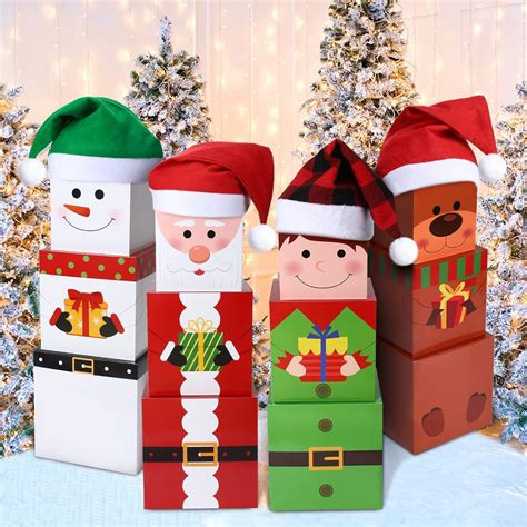 16 Pieces Christmas Stacking Boxes With Hats In 4 Designs