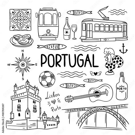 Portugal hand drawn symbols. Visit Lisbon, Porto, Portugal concept ...