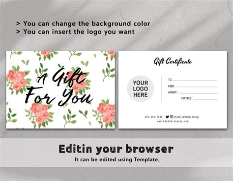 EDITABLE Floral Gift Card Certificate Gift Card Template Shop Voucher ...