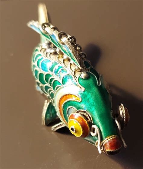 Vintage Chinese Articulated Koi Fish Cloisonné Gilt S Gem