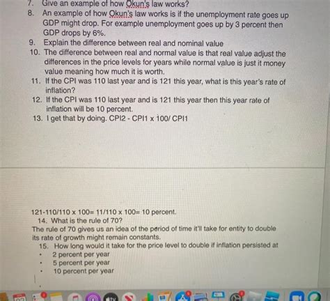 Solved 7. Give an example of how Okun's law works? 8. An | Chegg.com