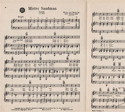 Mister Sandman Mr Sandman Vintage 1954 Sheet Music The Chordettes Cover Pat Ballard Words