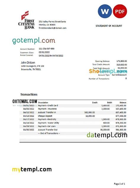 Usa Texas First Citizens Bank Statement Word And Pdf Temp In