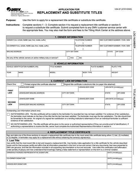 Form Vsa 67 Application For A Replacement Or Substitute Title Forms