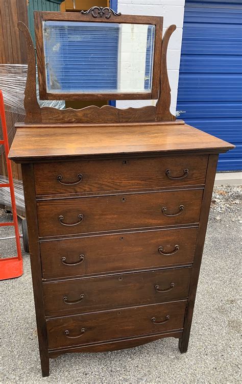 Antique Oak Highboy Chest Dresser With Mirror 5 Drawers Etsy