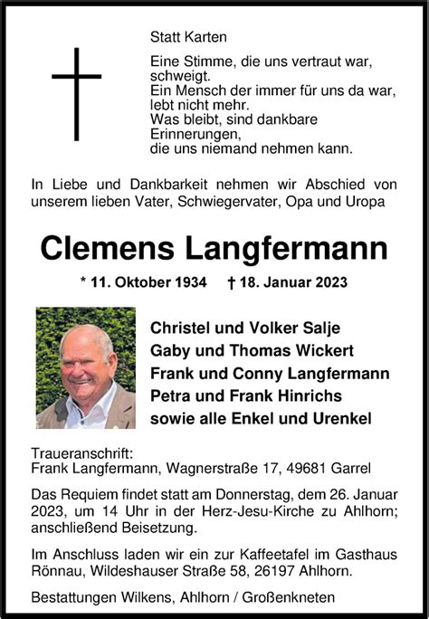 Traueranzeigen Von Clemens Langfermann Nordwest Trauer De