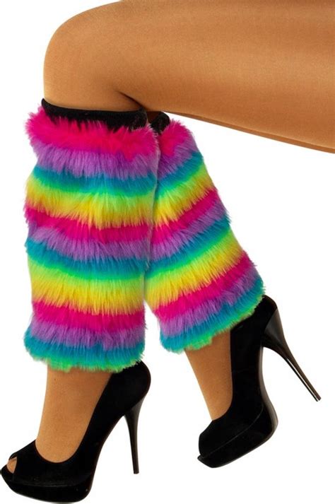 Paar Beenwarmers Pluche Regenboog Streep Carnaval Thema Feest Party Evenement Pink Bol