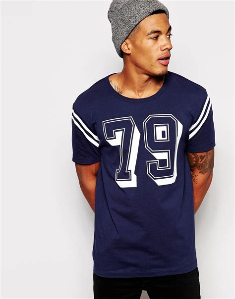 Asos T Shirt With Varsity Print And Sleeve Stripe In Blue For Men Lyst