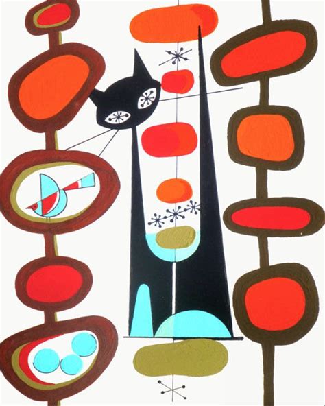 Atomic Mid Century Modern Cat Print Retro Art By Colbyandfriends