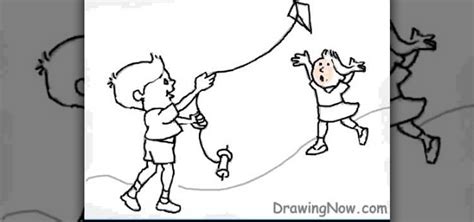 Children Flying Kite Drawing at PaintingValley.com | Explore collection ...