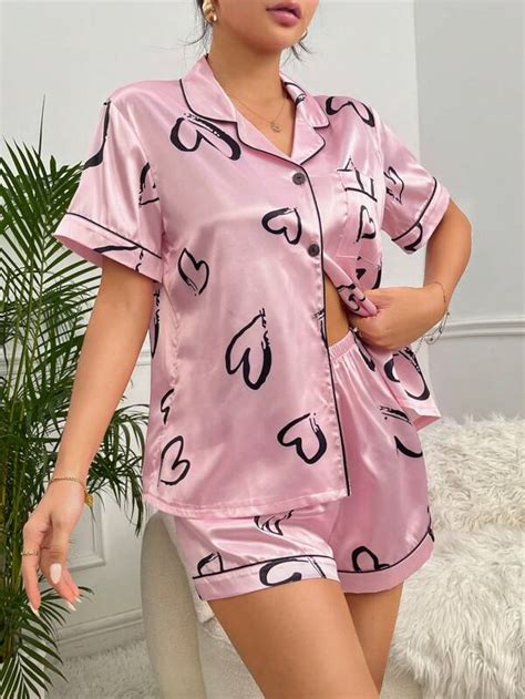 Heart Print Contrast Piping Satin Pj Set Shein Usa