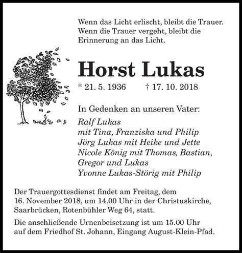 Traueranzeigen Von Horst Lukas Saarbruecker Zeitung Trauer De